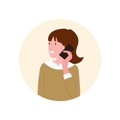 Vector Icon People Talking on Phone, Woman in Circle Flat Design Style Illustration Isolated on White Background, Phone Talk, Using Smartphone Modern People.