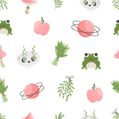 Seamless pattern with sorcery symbols - frog, planet, herbs, apple