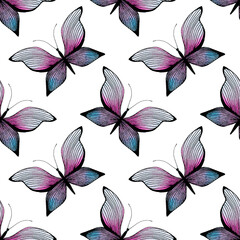 Hand-drawn butterflies isolated on a white background. Simple seamless pattern