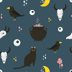 Seamless pattern with magic items, symbols and tools.