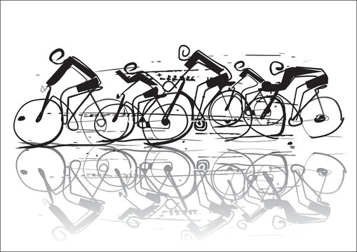 
Cycling race in the rain, line art stylized cartoon.
Stylized simple drawing of group road cyclists. Vector available.
