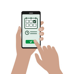 Online booking with mobile phone. Setting a date on digital calendar.