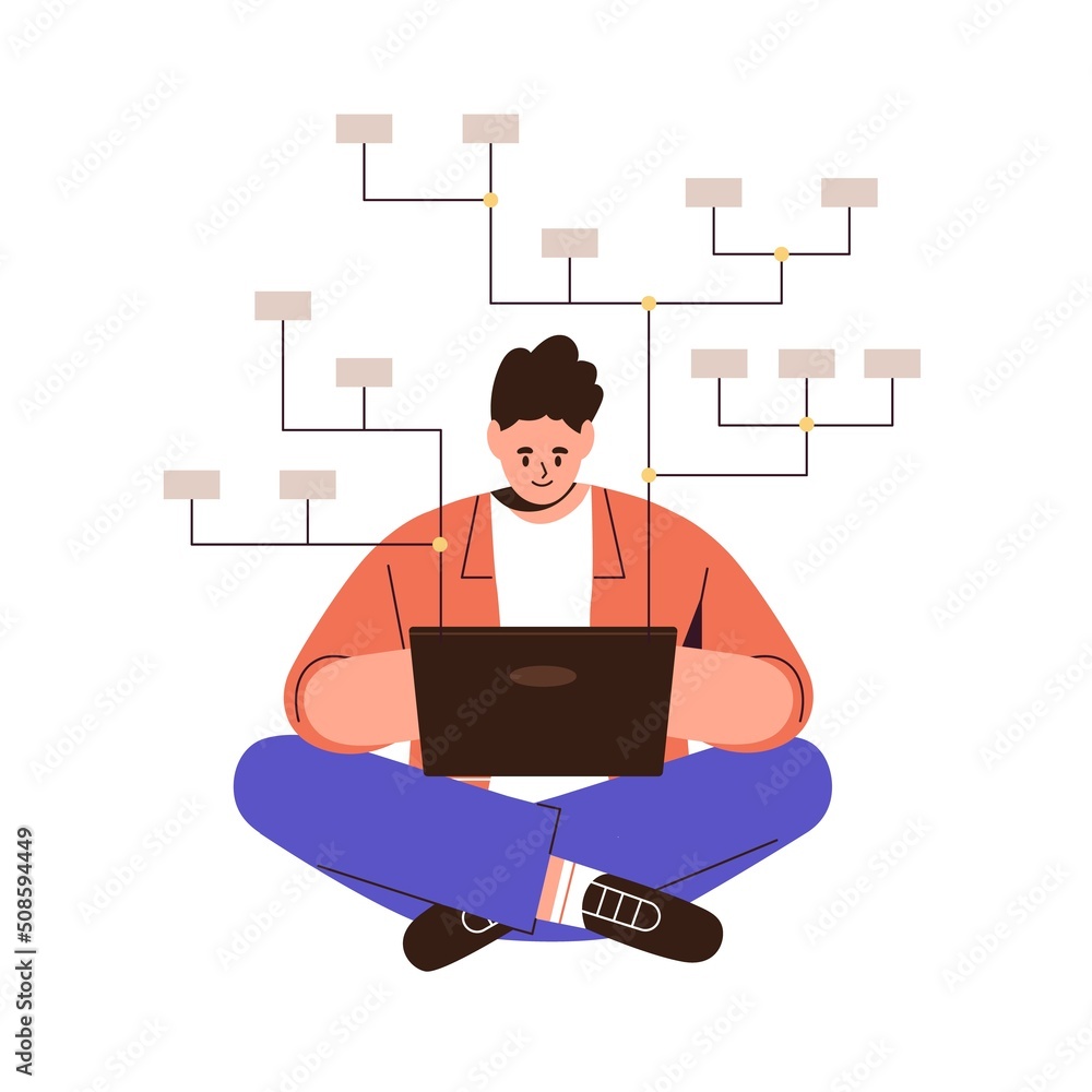 Aufkleber Data analysis, organizing structure of database concept. Man analyst building block scheme, developing arranged logic system, flowchart at laptop. Flat vector illustration isolated on white background