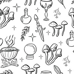 Doodle seamless pattern with magic witchcraft for wrapping paper, print, wallpaper, textile, fabric