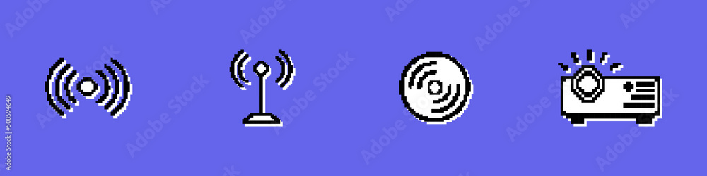 Poster communication tower, network wireless signal and projector icon set. pixel style. vector line icon f