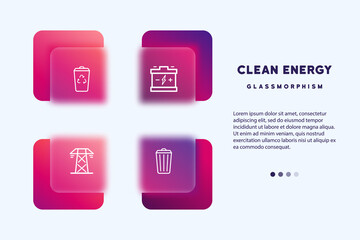 Clean energy icon set. Recycle trash, battery. Glassmorphism style. Vector line icon for Business and Advertising