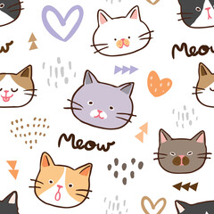 Seamless Pattern with Cartoon Cat Face Design on White Background