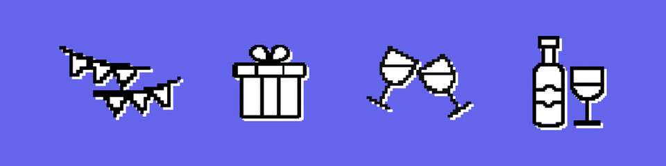 Celebrating icon set. Present, ribbon, wine or Champagne icon set. Wedding, birthday or new year celebration. Pixel style. Vector line icon for Business and Advertising