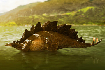 Dinosaur 3d rendering, Stegosaurus swimming © fotokitas