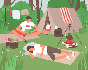 The family is resting outdoors in the forest. Dad, mom and son are relaxing together in solitude. The family retired to nature, pitched a tent and kindled a fire. Flat vector illustration.