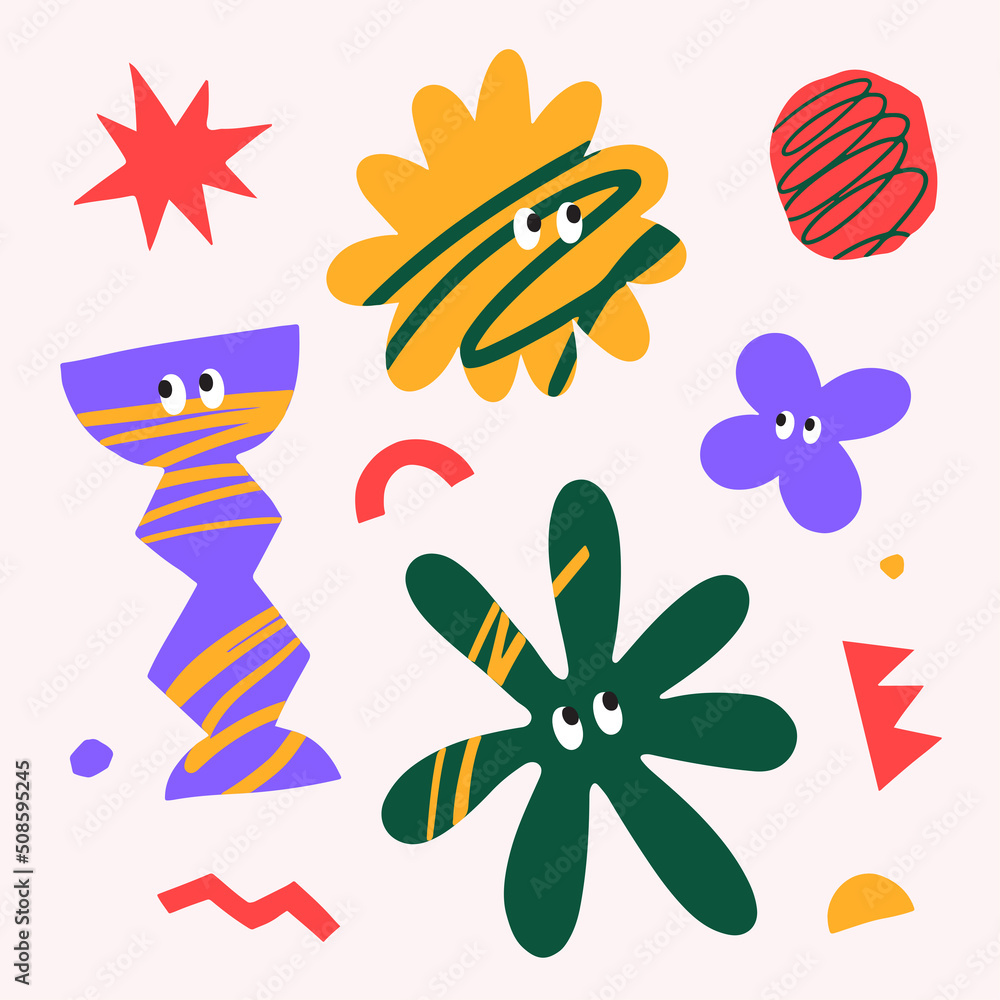 Poster Collection of abstract graphic and plant shapes. Multicolored shapes and objects on a light background. Elements of minimalism in the style of modern art. Vector illustration for your design.