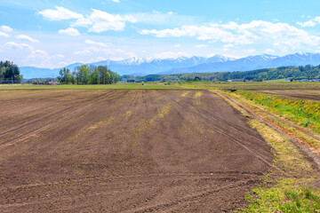 北海道新得町、種まき前の蕎麦畑より日高山脈を望む【5月】