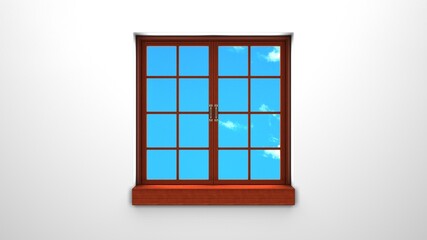 Wooden window with blue sky.
3d rendering illustration.
