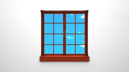 Fototapeta premium Wooden window with blue sky. 3d rendering illustration. 
