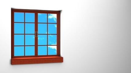 Wooden window with blue sky.
3d rendering illustration.
