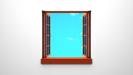 Wooden window with blue sky.
3d rendering illustration.
