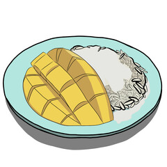 Mango sticky rice with coconut milk.Traditional thai dessert,watercolor,illustration.