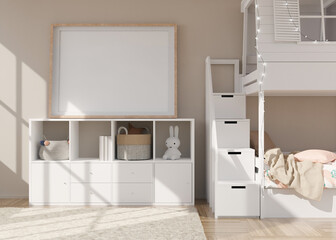 Empty horizontal picture frame on cream wall in modern child room. Mock up interior in scandinavian style. Free, copy space for picture. Bed, sideboard, toys. Cozy room for kids. 3D rendering.