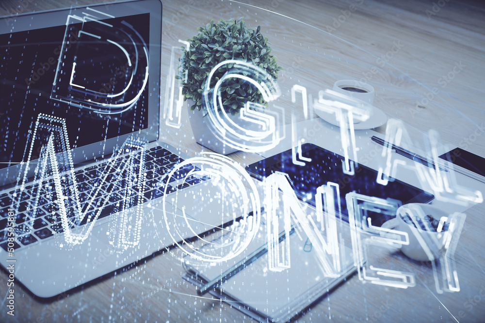 Poster Double exposure of blockchain and crypto economy theme hologram and table with computer background. Concept of bitcoin cryptocurrency.