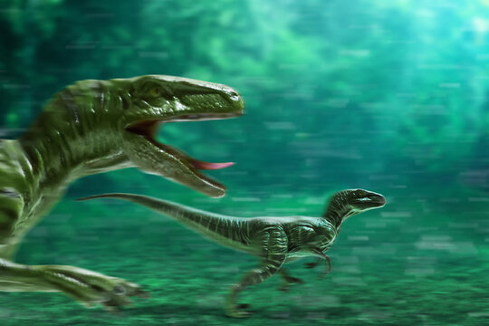Dinosaurs 3d rendering, velociraptors in the jungle