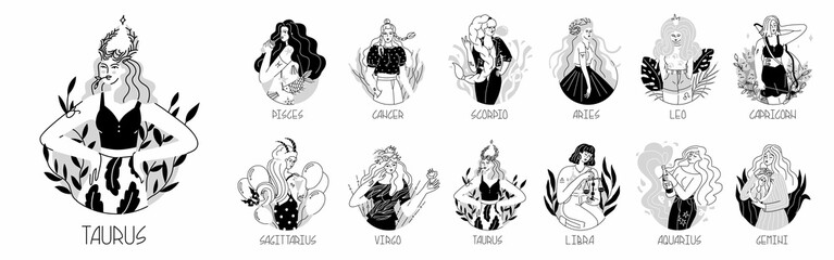 Fototapeta na wymiar Collection of compositions with girls in the form of zodiac signs. Drawing up a horoscope in astrology. Fashion women. Lovely, modern girls in daring images. Flat style in vector illustration.