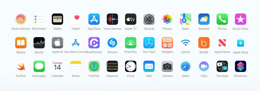 Iphone app icon set. App store, Wallet, Phone and many others. Vector. Ukraine, Zaporizhzhia - March, 24