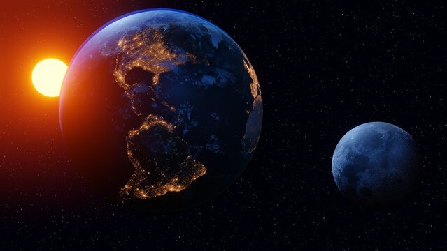 beautiful cosmic background with earth and moon solar disk starry sky. The continents of South and North America are shining cities. 3d render