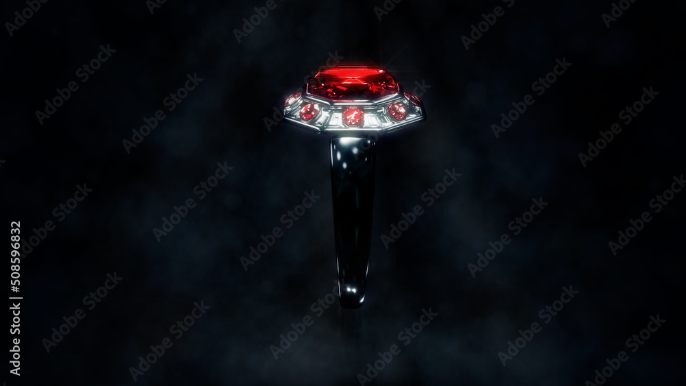 Poster dark silver ring with red ruby gem stones, fictive design - object 3d rendering