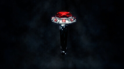 Dark silver ring with red ruby gem stones, fictive design - object 3D rendering