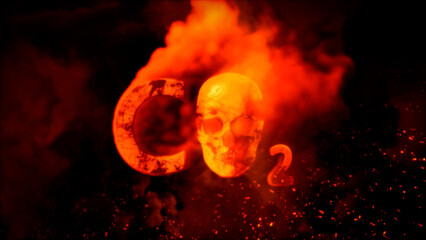 Text co2 with scary man skull on burning backdrop - abstract 3D rendering