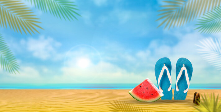 

Banner.  A mockup with fine sea sand, flip-flops, tropical leaves, 
watermelon and shells on a blue background.
