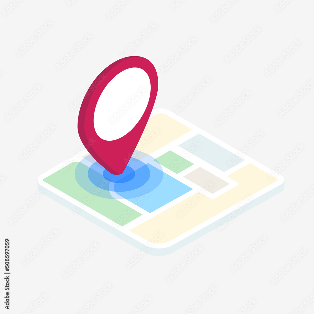 Poster isometric map with red pin pint - gps location icon. flat design concept. flat vector illustration i