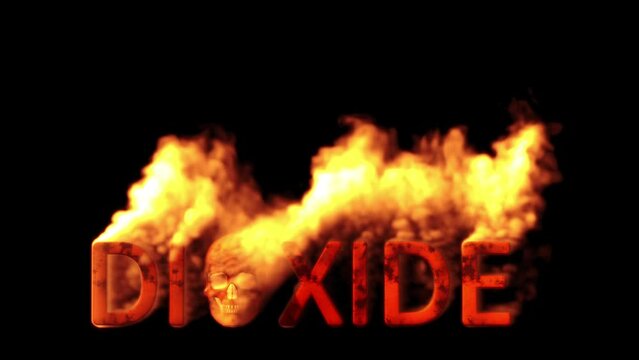 Text dioxide with man skull burning on black backdrop, isolated - loop video