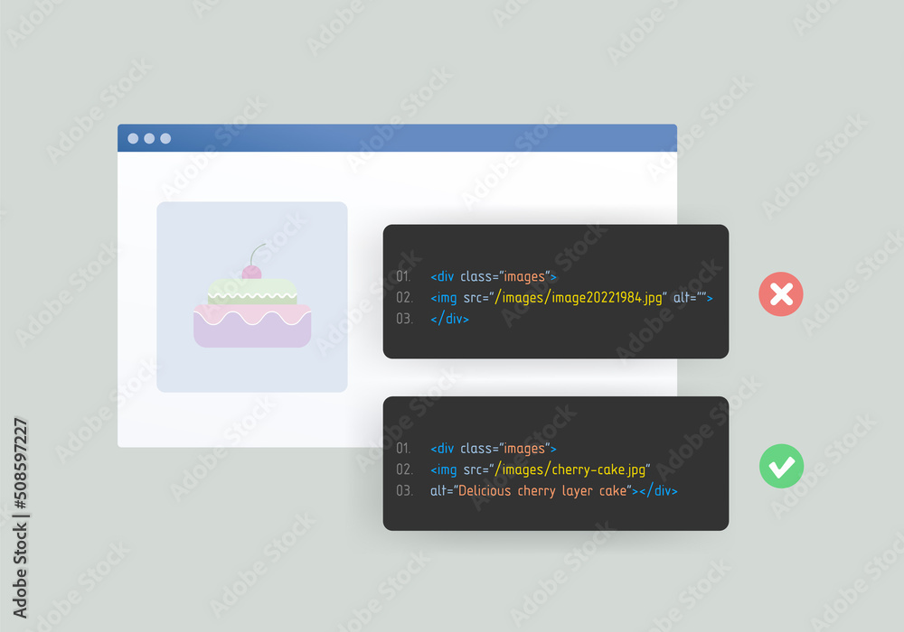 Poster image seo and alt text and title tags concept. optimize images for better rankings in search engines