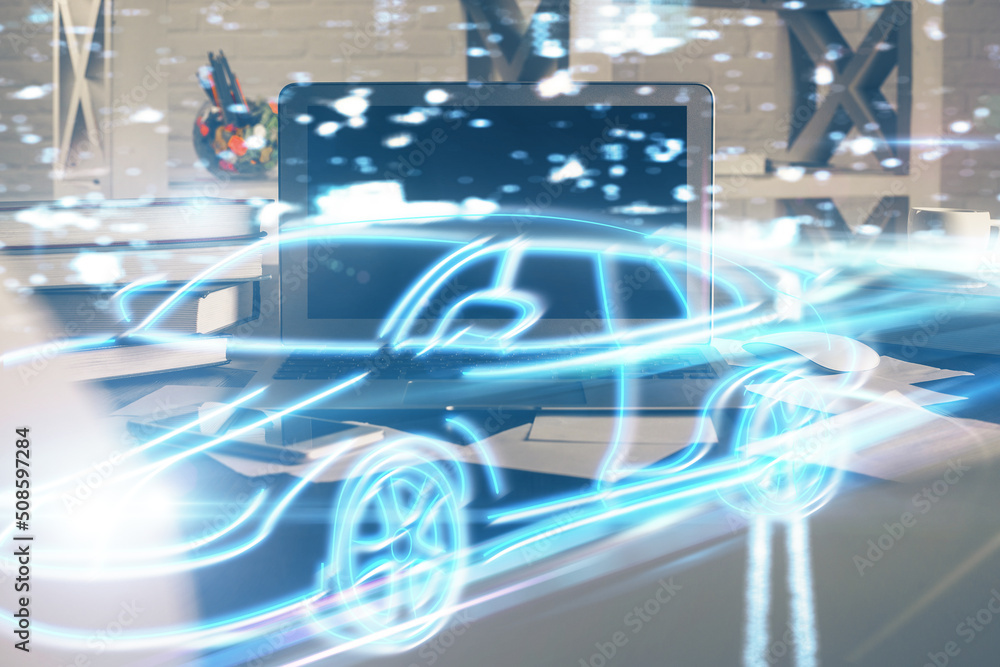 Aufkleber Desktop computer background in office with automobile hologram drawing. Multi exposure. Tech concept.