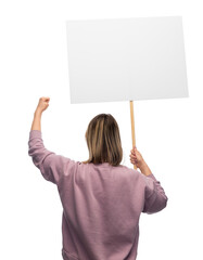 feminism and human rights concept - woman with poster protesting on demonstration over white...