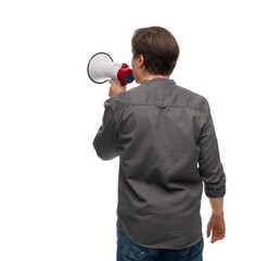 communication and people concept - young man with megaphone