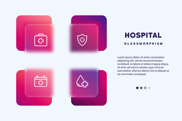 Medicine icon set. Blood, calendar and medicine plus icon. Health care concept. Glassmorphism style. Vector line icon for Business and Advertising