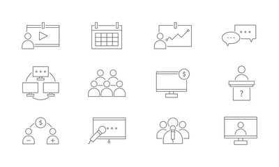 Set of vector line icons, computer and technology, business conference.