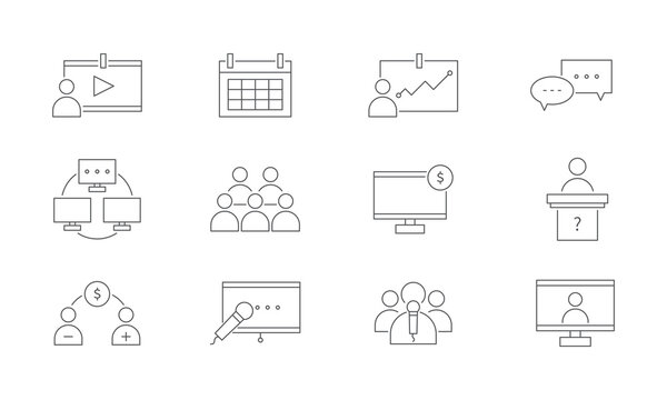 Set of vector line icons, computer and technology, business conference.