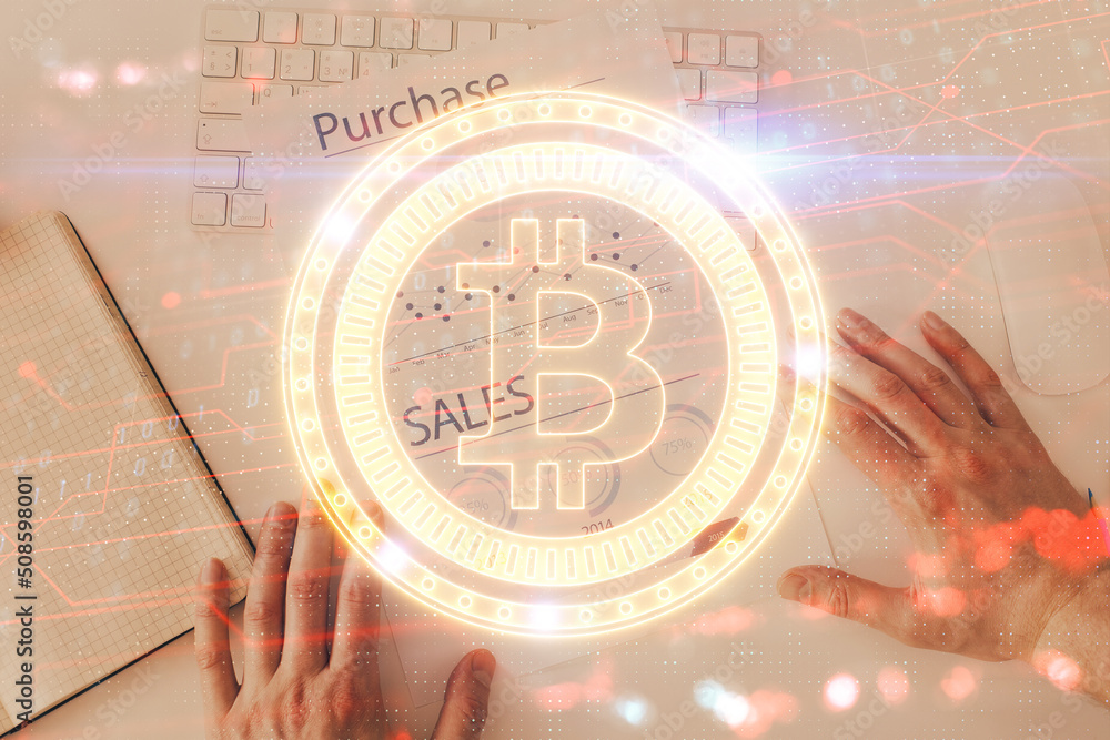 Poster Man's hands working with notes background. Cryptocurrency and finance concept.