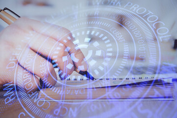 Writing Man hands with data theme multi exposure icons.