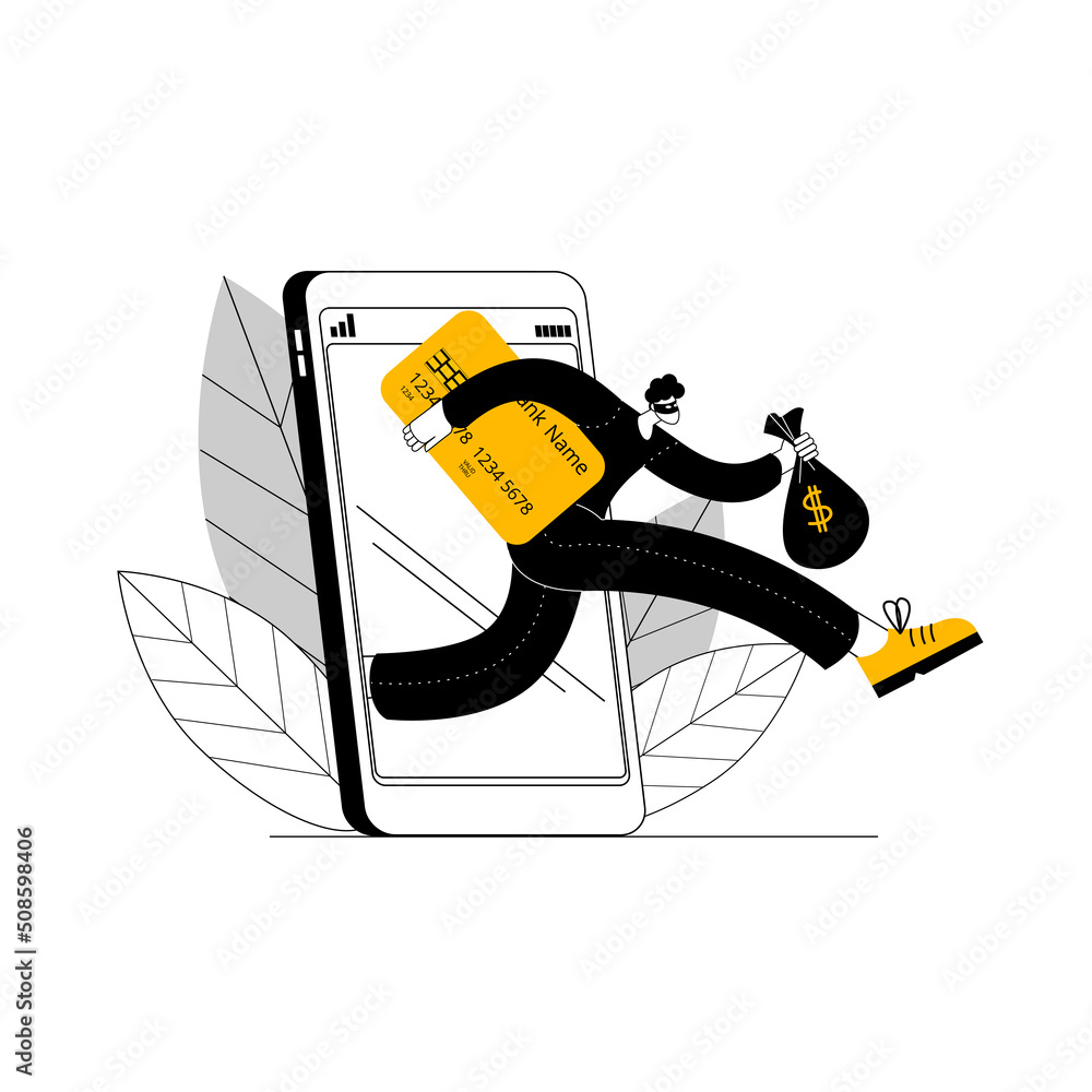 Poster a hacker takes out credit card details and a bag of money from a hacked smartphone. vector illustrat