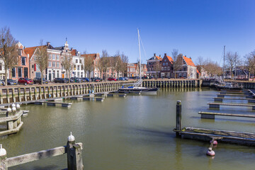 Inner harbor Noorderhaven in historic city Harlingen, Netherlands