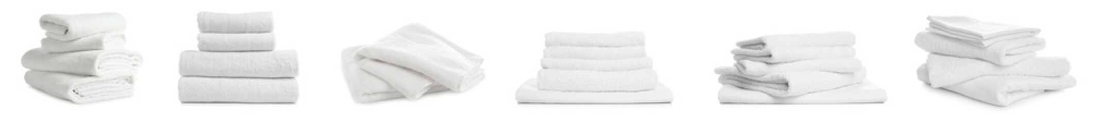 Set of folded towels on white background. Banner design