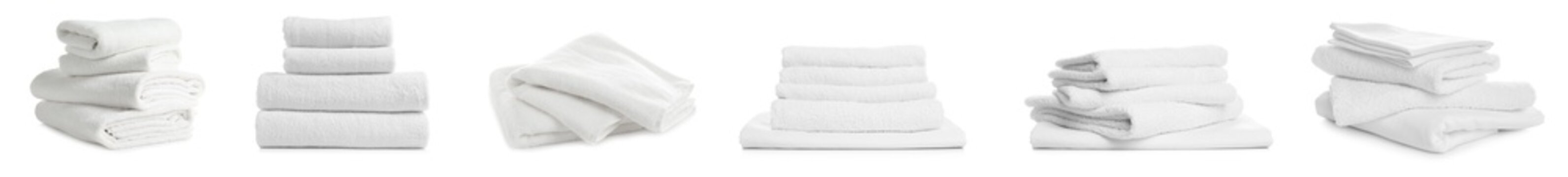 Set of folded towels on white background. Banner design