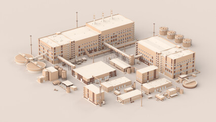 3d model of a factory, layouts of buildings on a light background. The concept of a metallurgical plant with pipes, tanks, warehouses and communications. Top view of industrial production. 3d render