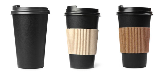 Set with paper coffee cups with lids on white background. Banner design