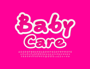 Vector bright emblem Baby Care with cute pink Font. Sticker set of Alphabet Letters, Numbers and Symbols