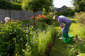 Hampshire, England, UK. 2022.  Woman preparing the ground  ready for new summer flowering plants in...